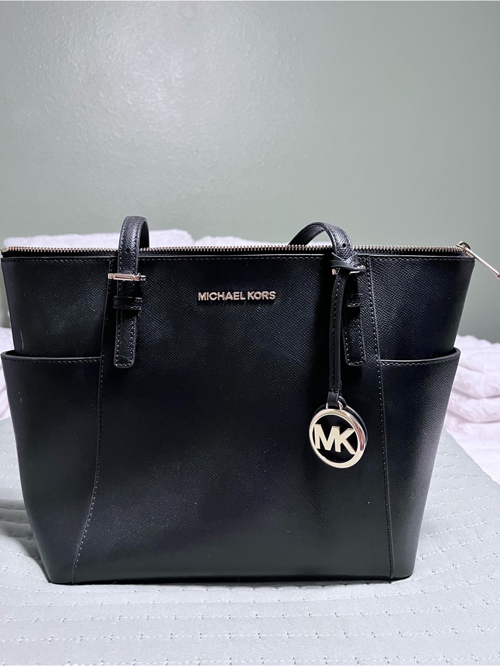 Michael Kors Black Saffiano Leather Tote with MK Pendant